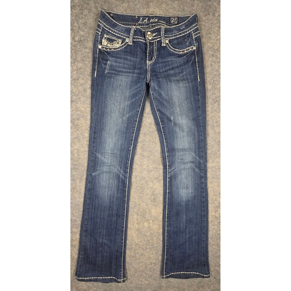 LA Idol USA Womens Jeans Size 27 Medium Wash Rhinestone Studded Thick Stitch Y2K